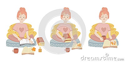 A young red-haired woman sits in a lotus position, wrapped in a blanket with books and a diary. Vector Illustration